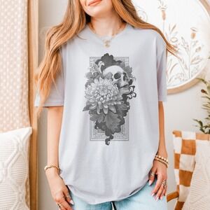 Skull Chrysanthemum Graphic Tee Dark Floral Line Art Tee
